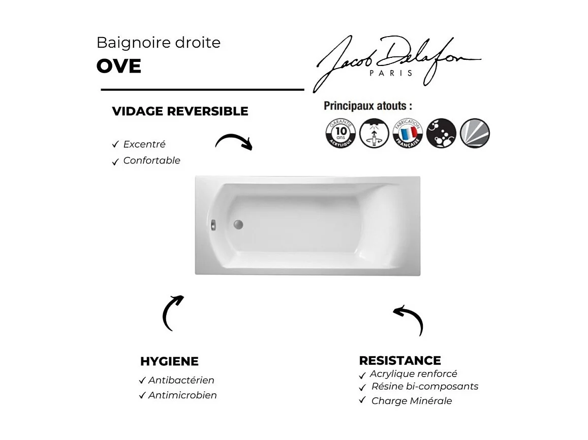 Baignoire droite JACOB DELAFON Ove 170 x 70 cm, bonde excentré + pare bain chrome