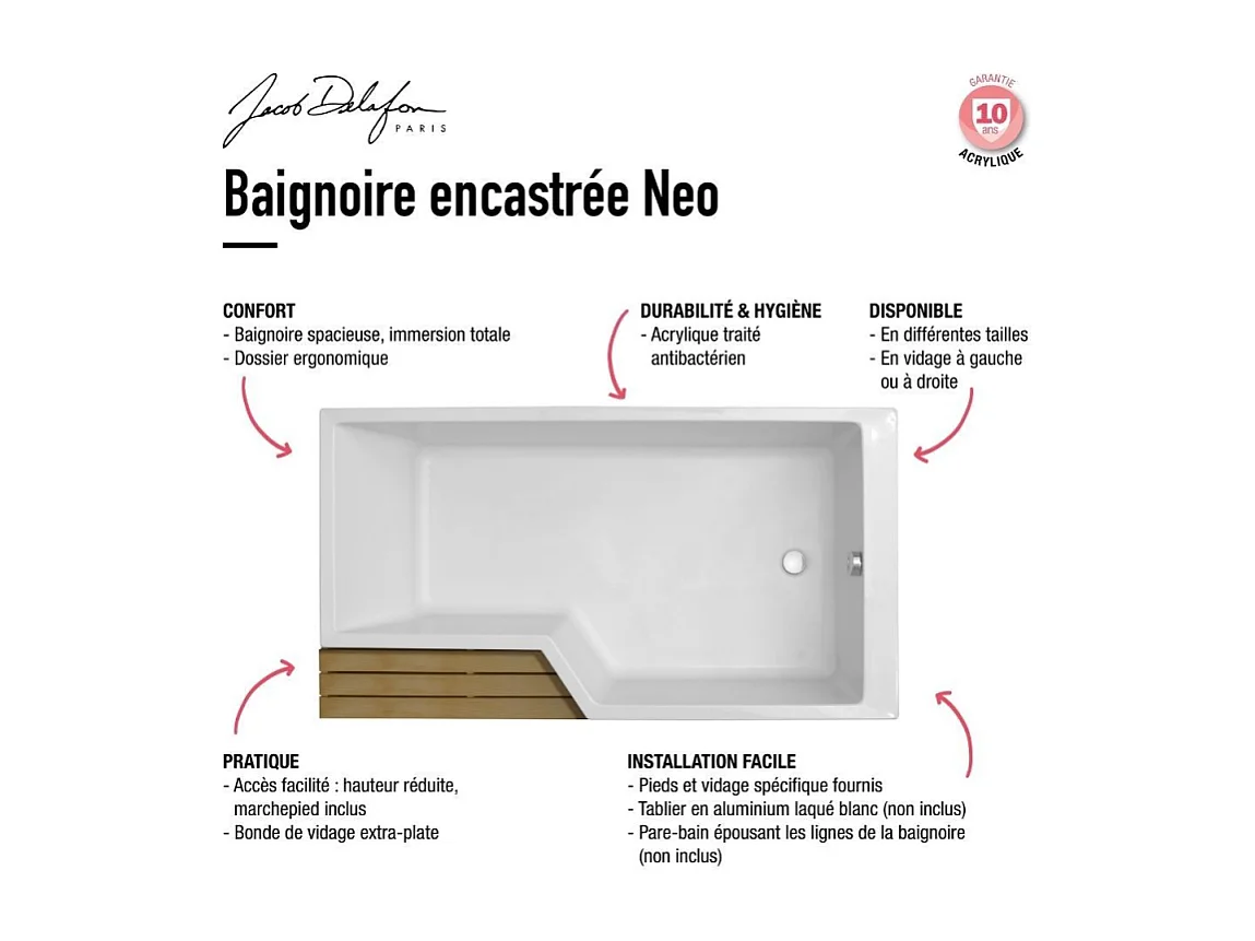 Pack baignoire bain douche antidérapante 150 x 80 JACOB DELAFON Neo blanc mat - v.droite + pare bain chromé + tablier