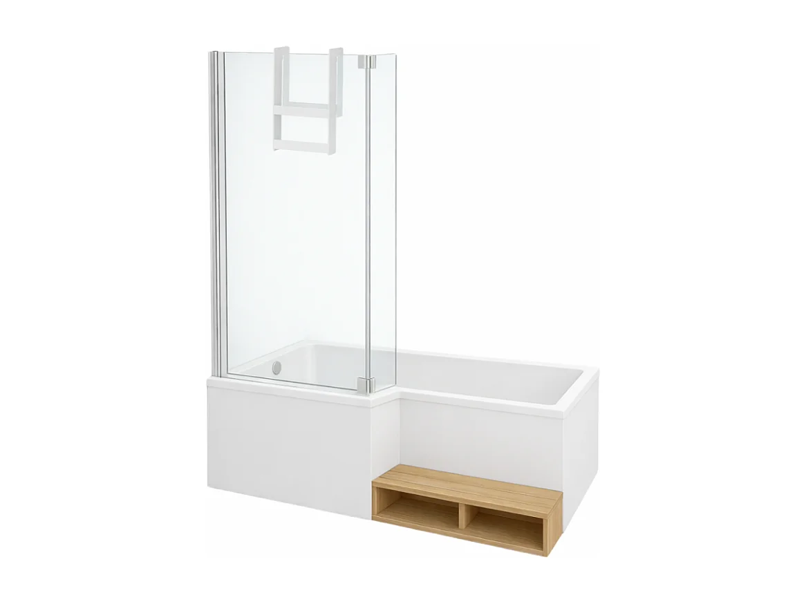 Pack baignoire bain douche antidérapante 150 x 80 JACOB DELAFON Neo version gauche + pare bain chromé + tablier en angle