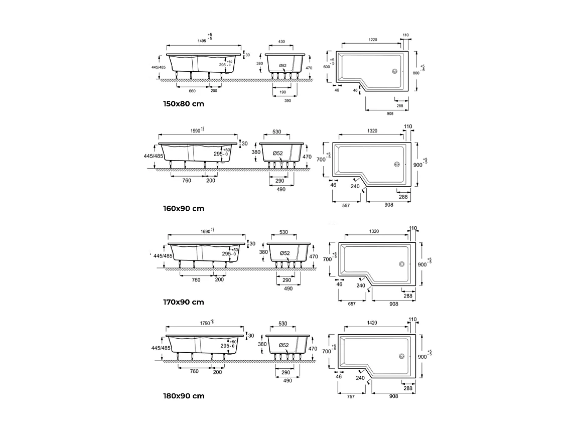 Pack baignoire bain douche 150 x 80 JACOB DELAFON Neo version droite + tablier en angle
