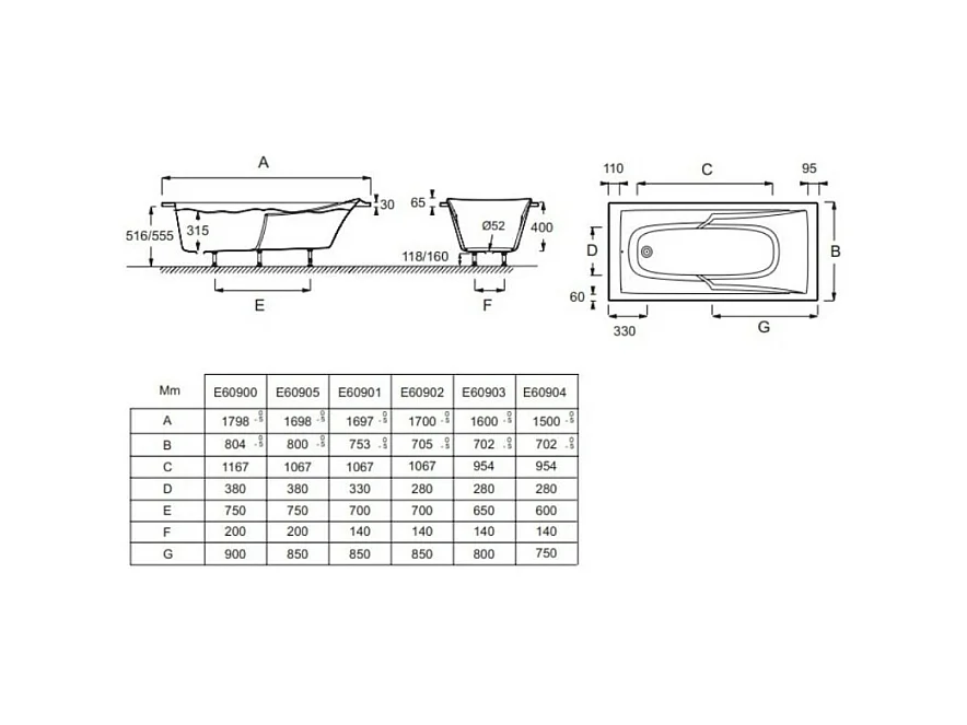 Baignoire droite JACOB DELAFON Corvette confort Acrylique renforcé 170 X 75