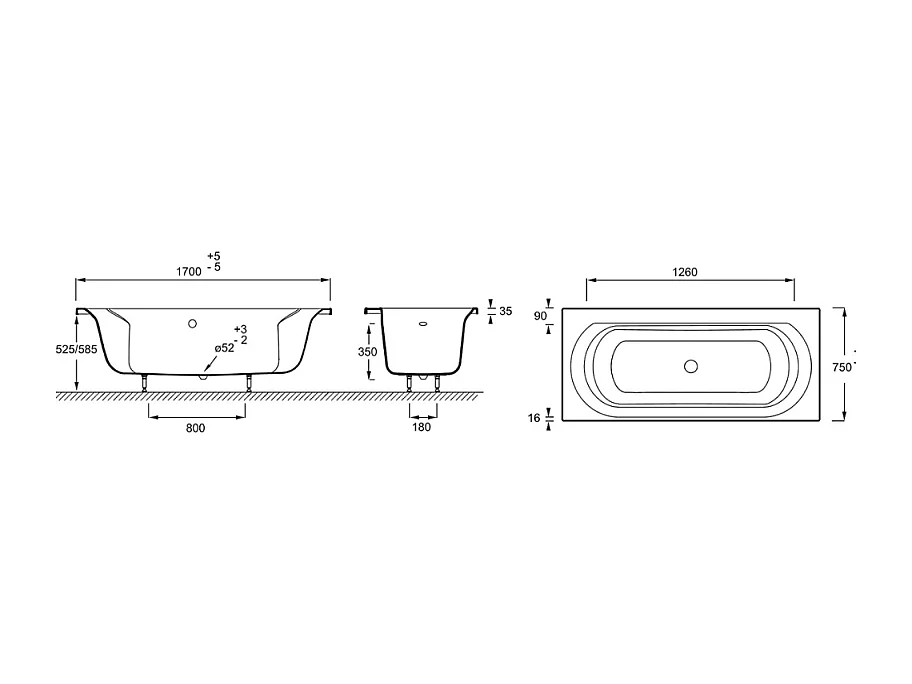 Baignoire droite JACOB DELAFON Elise deux places + pare bain 170 X 75