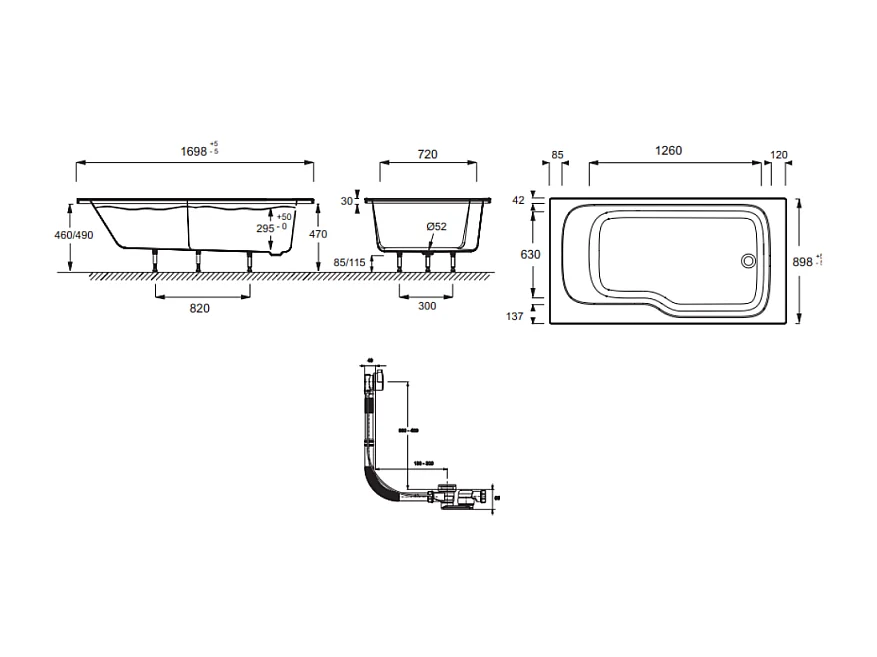 Baignoire bain douche JACOB DELAFON Malice antidérapante + tablier niche + pare bain 170 x 90 droite