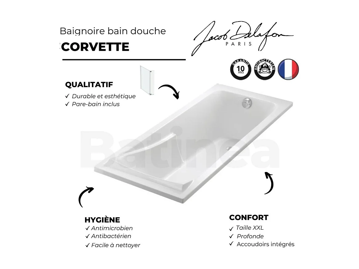 Lot baignoire droite 150 X 70 JACOB DELAFON Corvette + pare bain 2 volets chromé