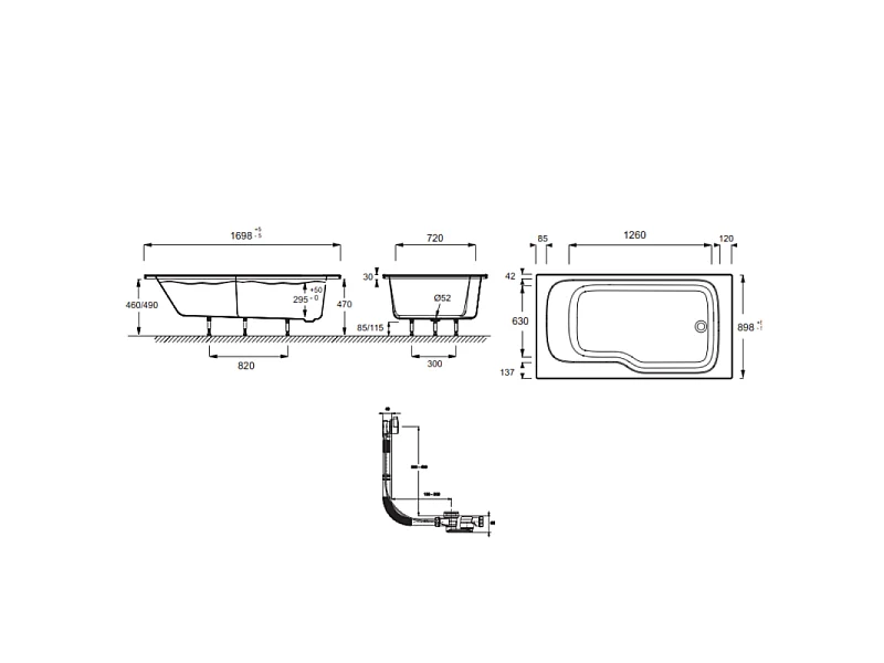 Baignoire bain douche JACOB DELAFON Malice antidérapante + tablier angle + pare bain 170 x 90, droite