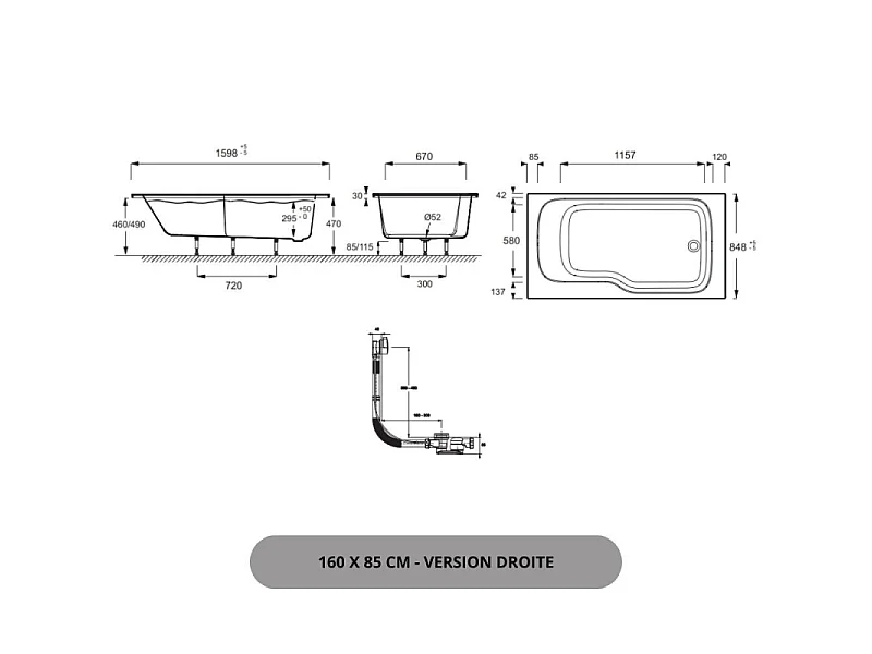 Baignoire bain douche JACOB DELAFON Malice antidérapante + tablier angle + pare bain 160 x 90, droite