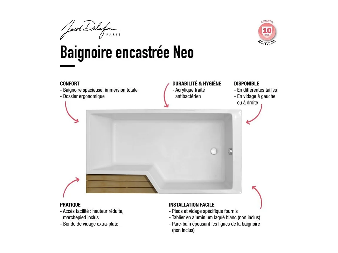 Pack baignoire bain douche antidérapante 170 x 90 JACOB DELAFON Neo blanc mat - v.gauche + pare bain noir mat + tablier