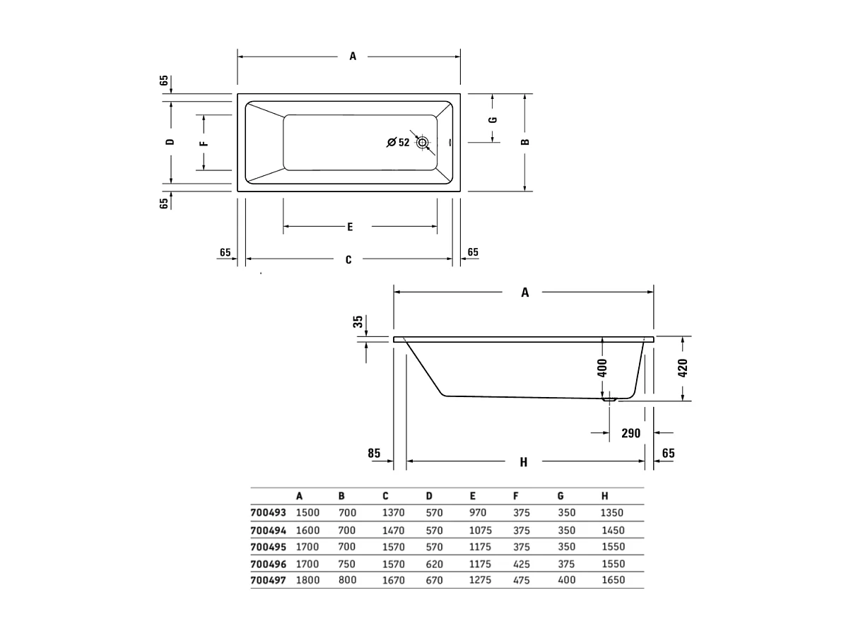Baignoire droite 150x70 DURAVIT Duravit No.1