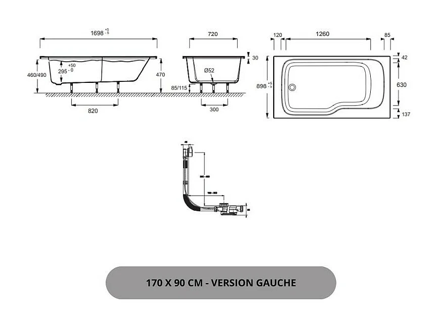 Baignoire bain douche JACOB DELAFON Malice, antidérapant, version Gauche Blanc mat 170x90cm
