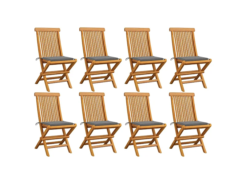Chaises de jardin avec coussins gris 8 pcs Bois de teck massif