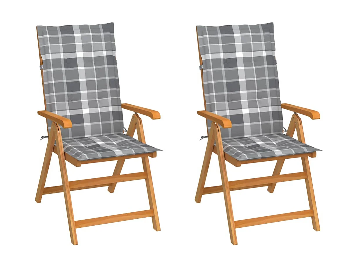 Chaises de jardin 2 pcs avec coussins à carreaux gris Teck 12