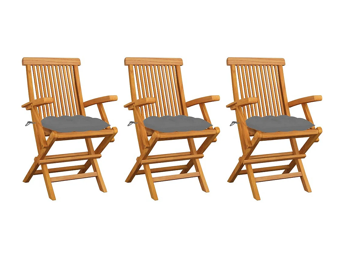 Chaises de jardin avec coussins gris 3 pcs Bois de teck massif 2