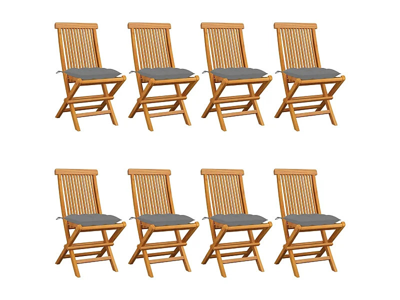 Chaises de jardin avec coussins gris 8 pcs Bois de teck massif 2