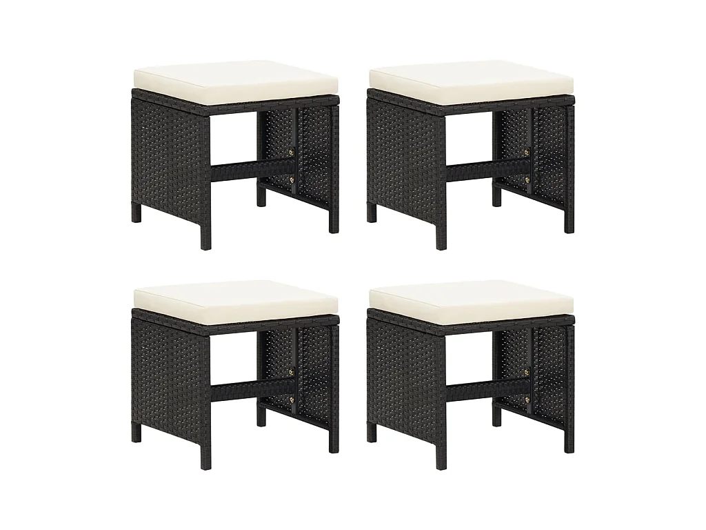 Tabourets de jardin 4 pcs avec coussins Résine tressée Noir