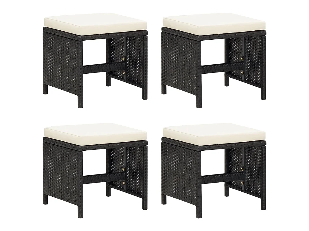 Tabourets de jardin 4 pcs avec coussins Résine tressée Noir