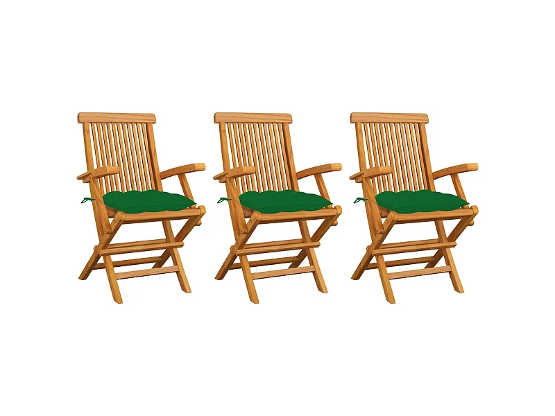 Chaises de jardin avec coussins vert 3 pcs Bois de teck massif