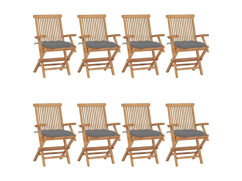 Chaises de jardin avec coussins gris 8 pcs Bois de teck massif 4
