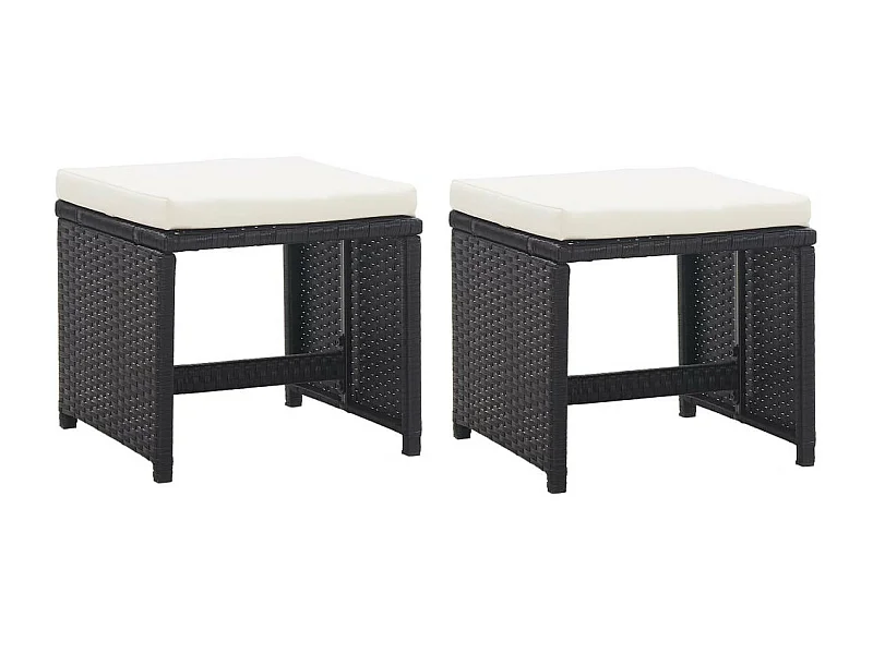 Tabourets de jardin 2 pcs avec coussins Résine tressée Noir