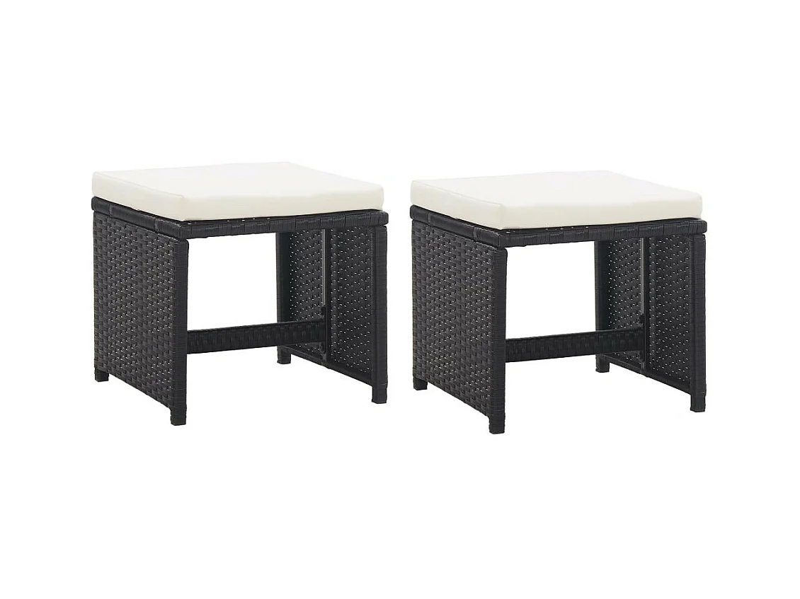 Tabourets de jardin 2 pcs avec coussins Résine tressée Noir