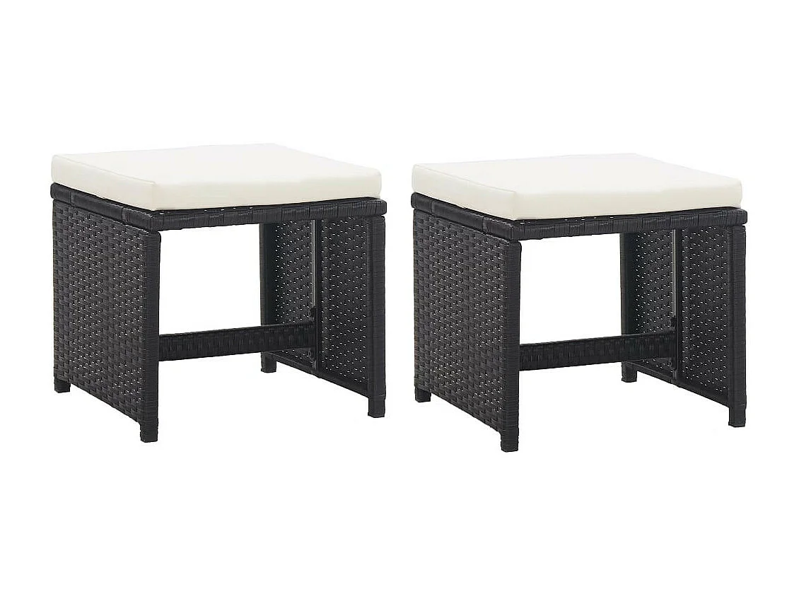 Tabourets de jardin 2 pcs avec coussins Résine tressée Noir