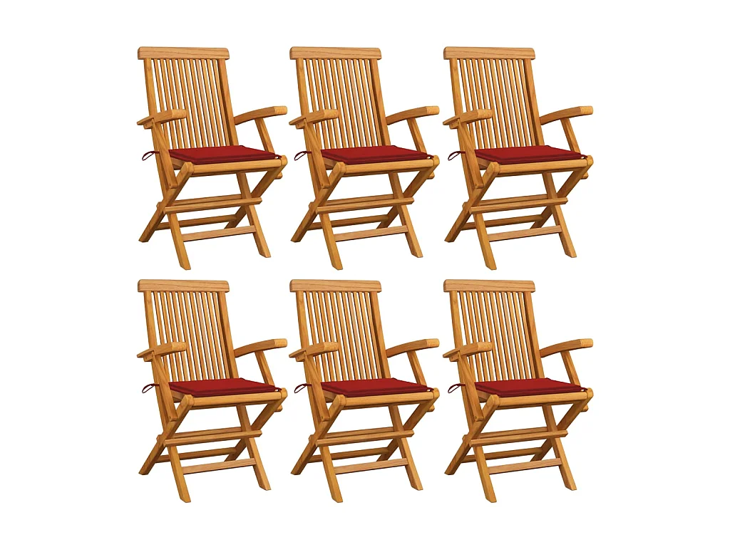 Tuinstoelen 6 st met rode kussens massief teakhout