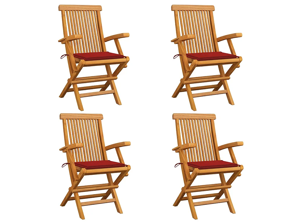 Tuinstoelen 4 st met rode kussens massief teakhout
