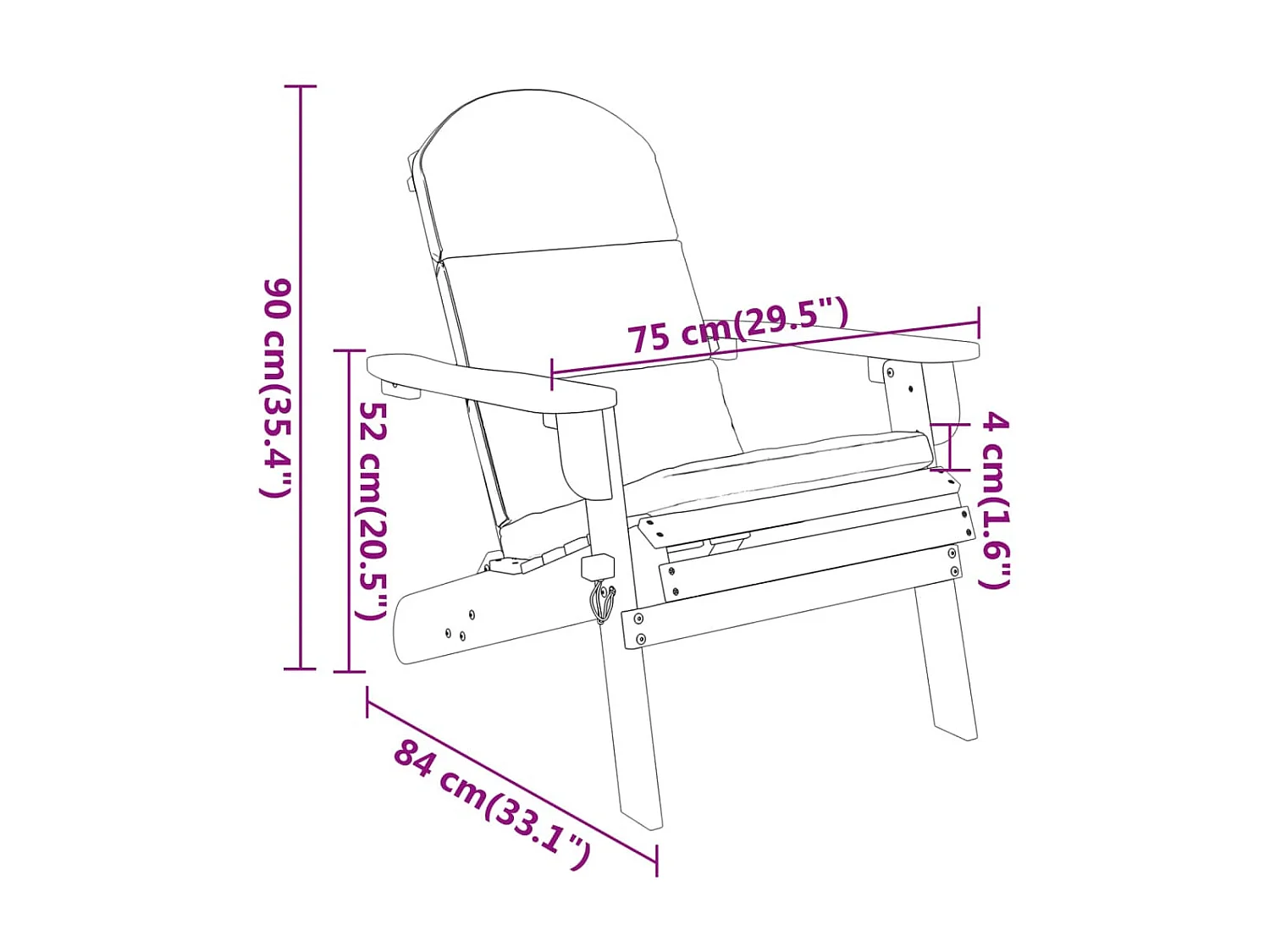 Chaise de jardin Adirondack avec coussins bois massif d'acacia