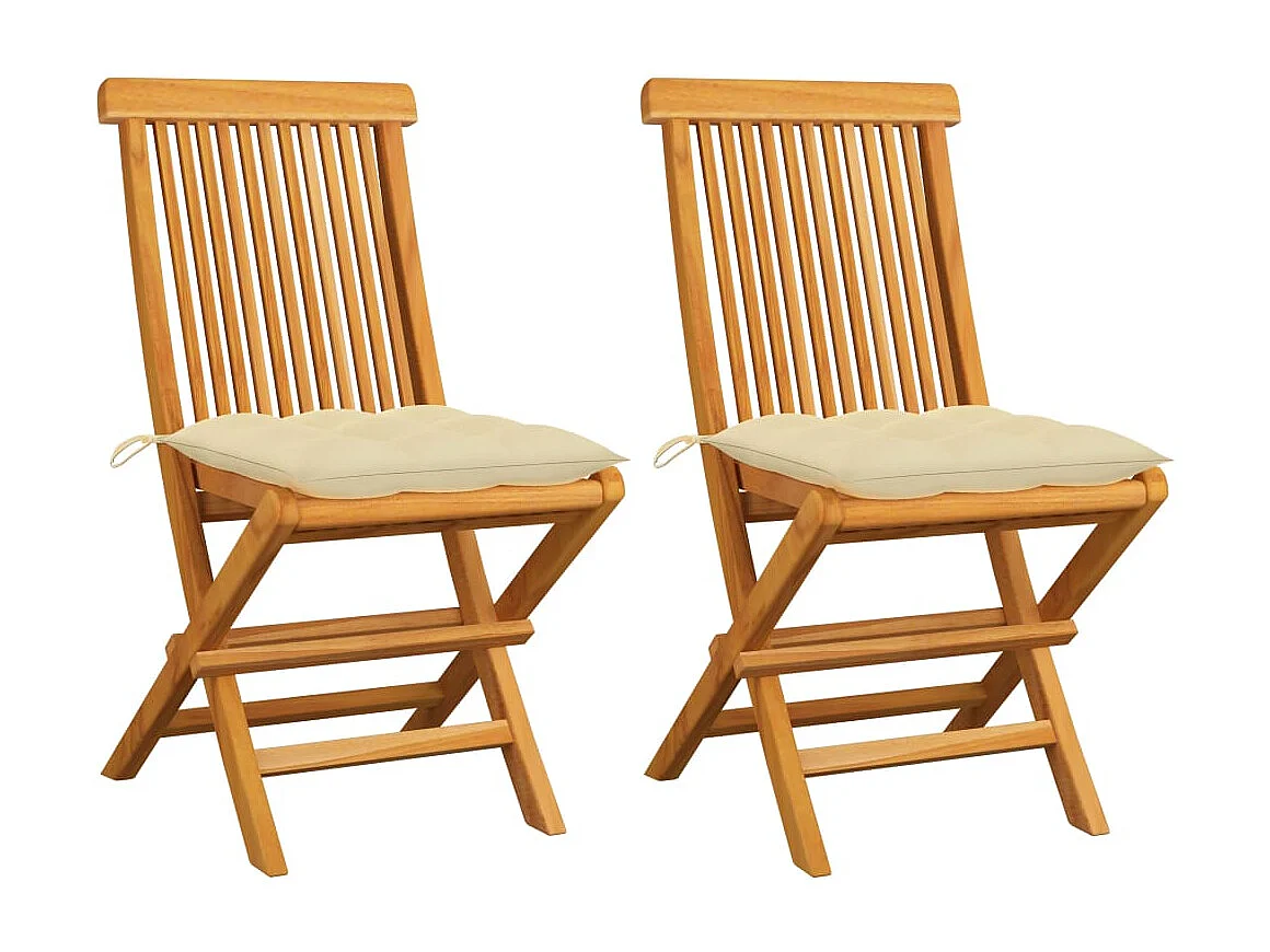 Chaises de jardin 2 pcs avec coussins blanc crème Teck massif 2