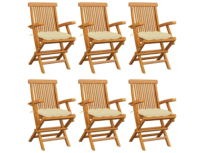 Chaises de jardin avec coussins blanc crème 6 pcs Teck massif