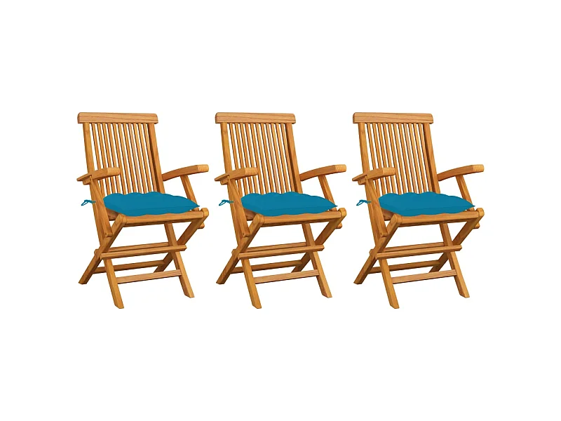 Chaises de jardin avec coussins bleu clair 3 pcs Teck massif