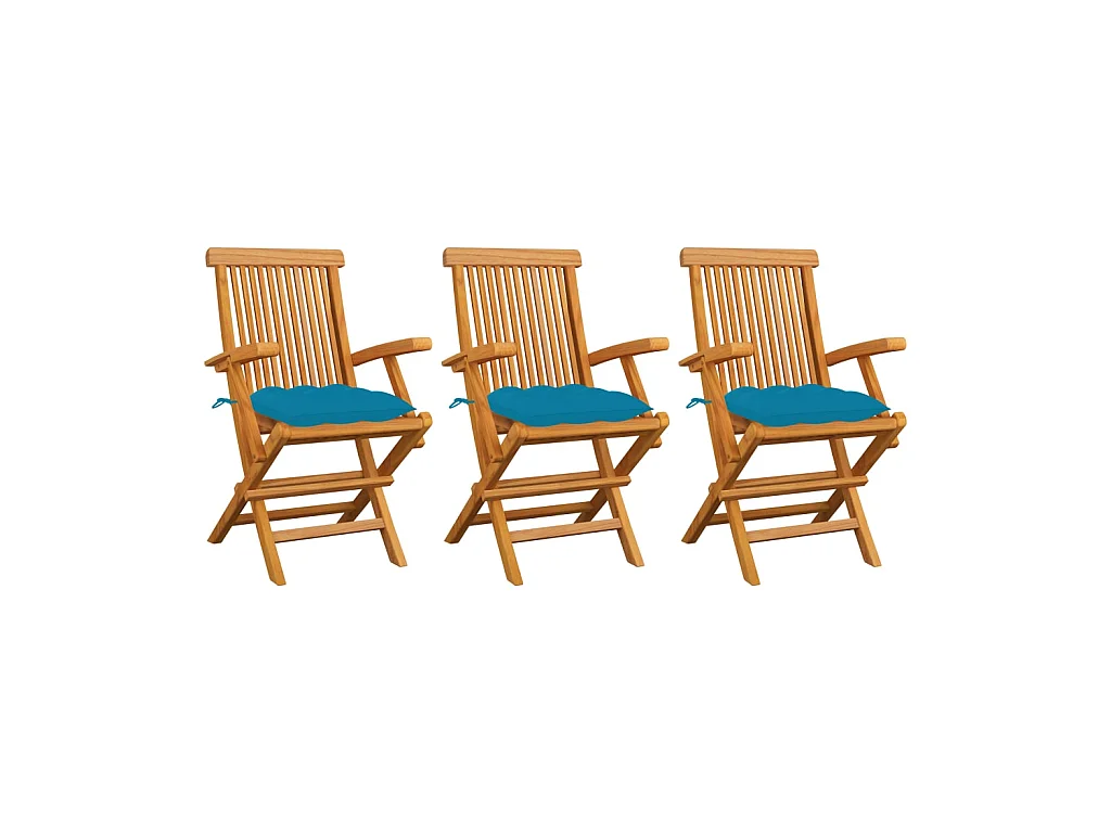 Chaises de jardin avec coussins bleu clair 3 pcs Teck massif