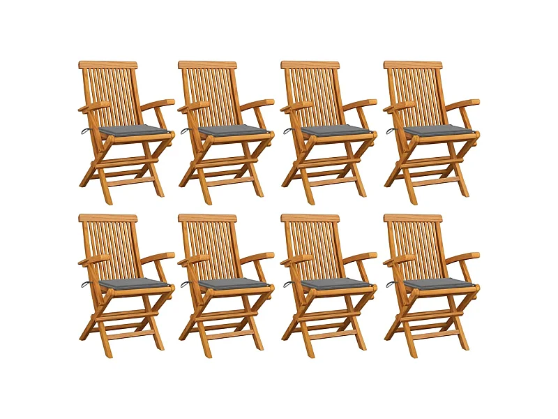 Chaises de jardin avec coussins gris 8 pcs Bois de teck massif 3