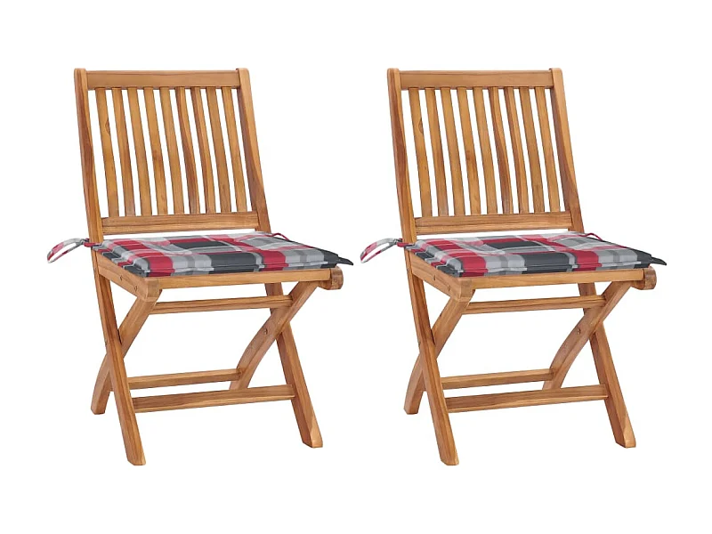 Chaises de jardin 2 pcs avec coussins à carreaux rouge Teck