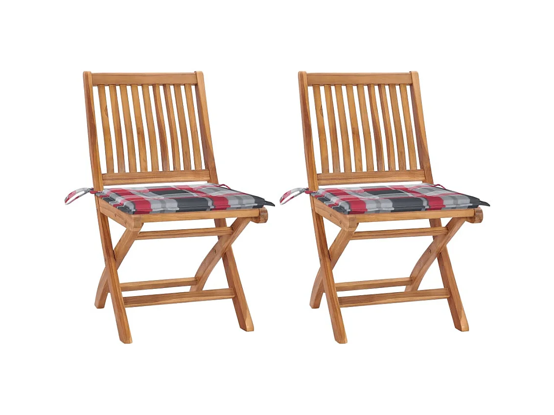 Chaises de jardin 2 pcs avec coussins à carreaux rouge Teck