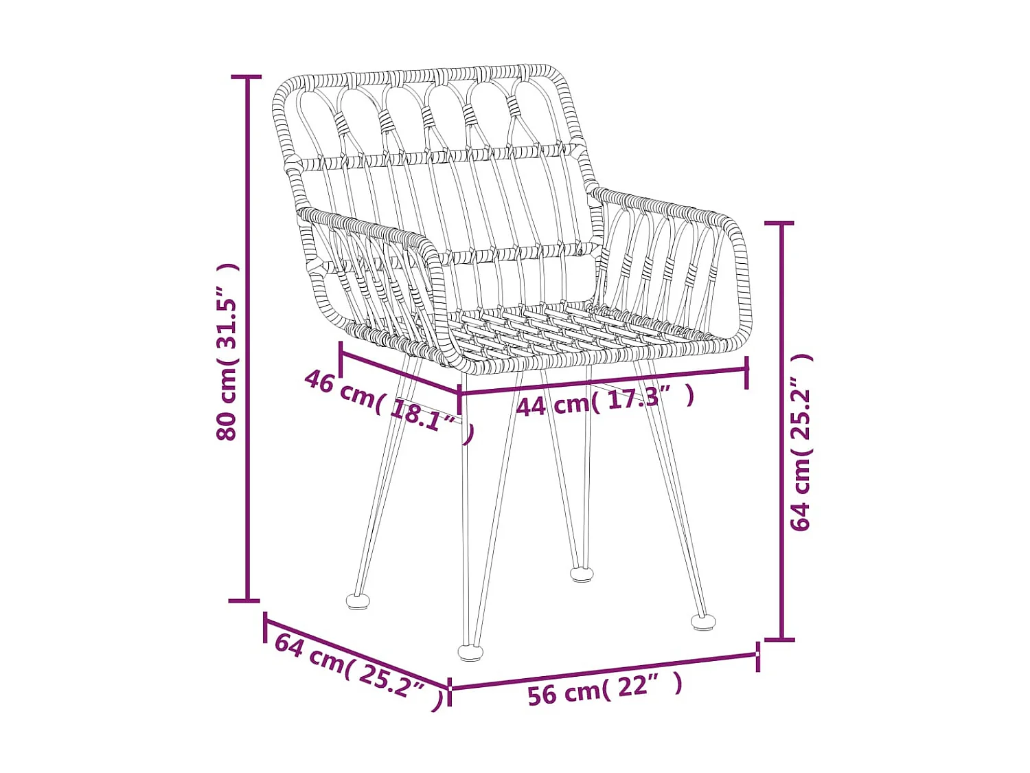 Chaises de jardin 2 pcs et accoudoir 56x64x80 Résine tressée
