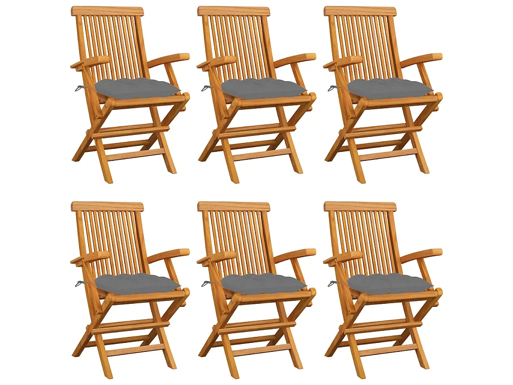 Chaises de jardin avec coussins gris 6 pcs Bois de teck massif 2