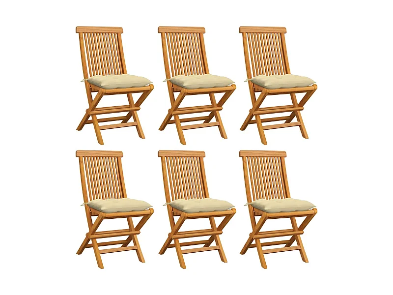 Chaises de jardin avec coussins blanc crème 6 pcs Teck massif 2