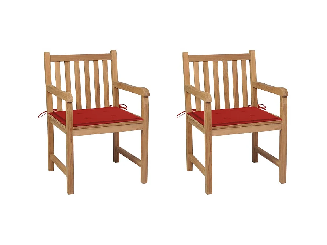Tuinstoelen 2 st met rode kussens massief teakhout