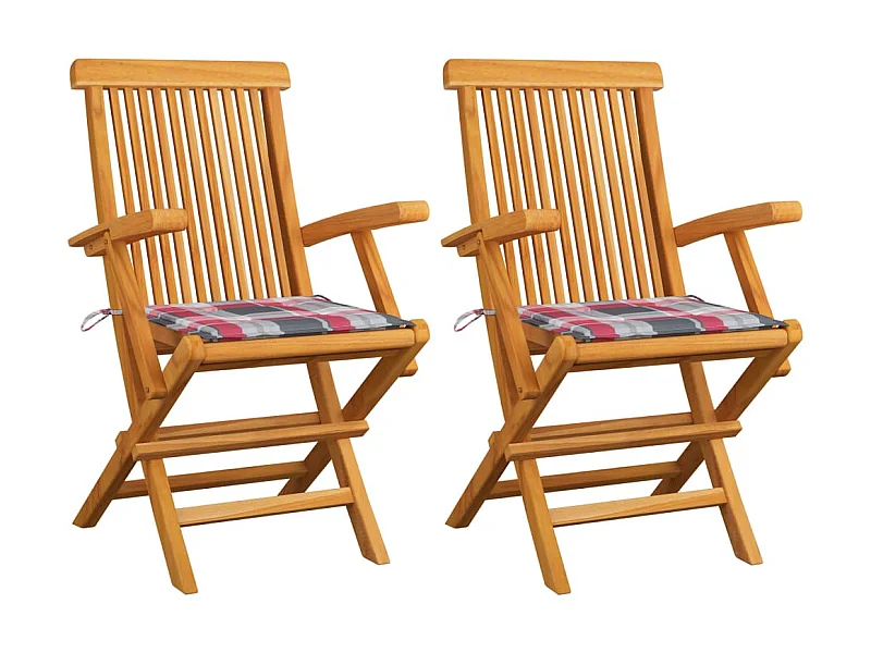 Chaises de jardin 2 pcs avec coussins à carreaux rouge Teck 9