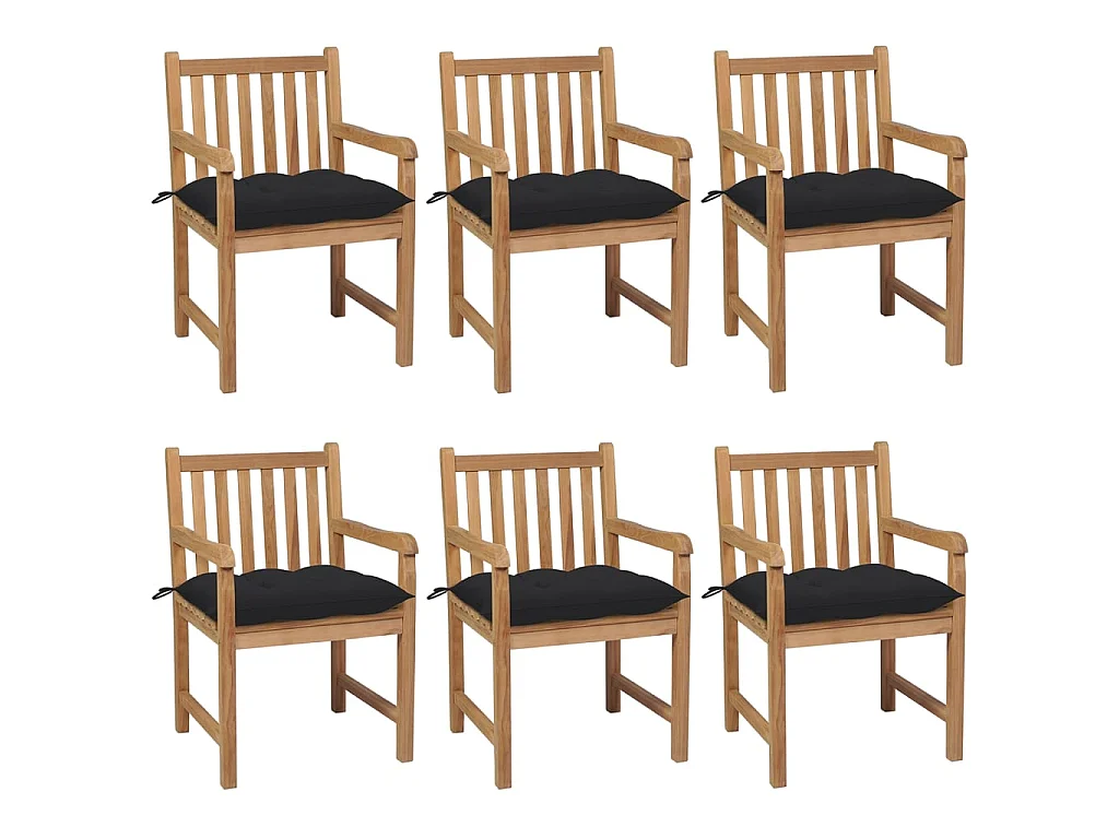 Chaises de jardin 6 pcs avec coussins noir Bois de teck solide