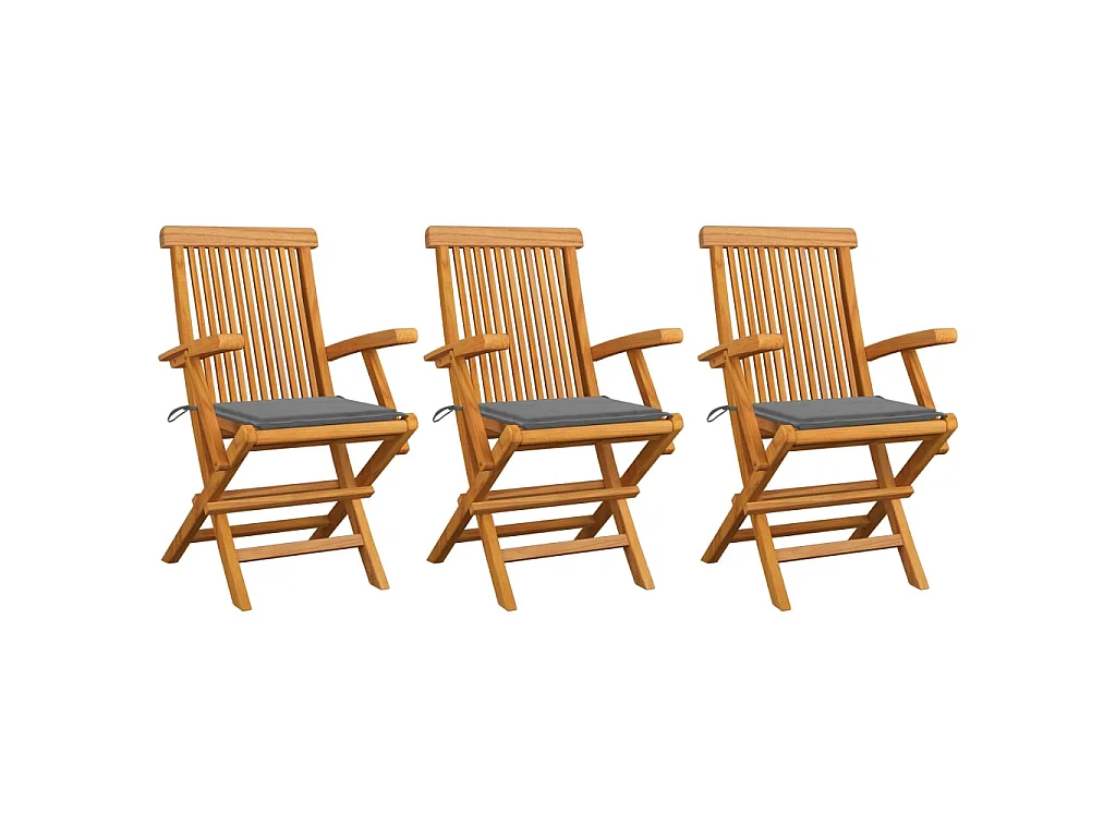 Chaises de jardin avec coussins gris 3 pcs Bois de teck massif