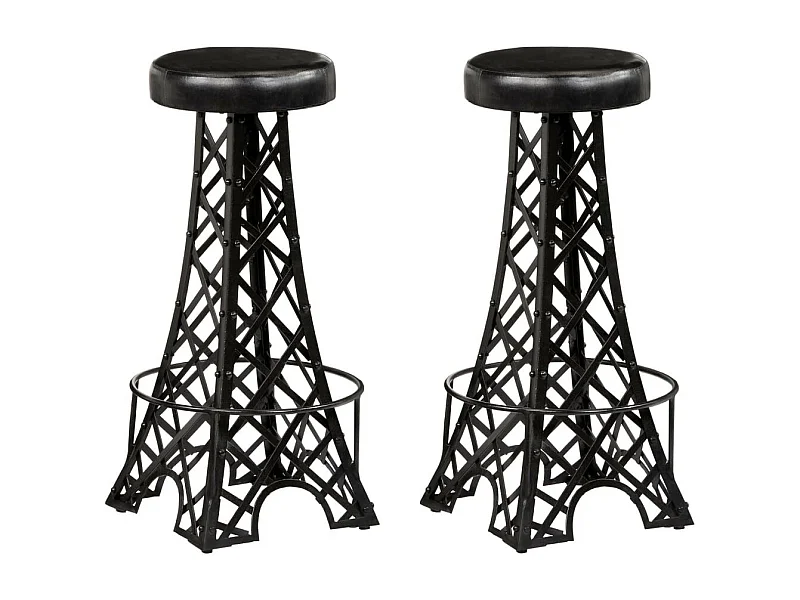 Tabouret de bar cuir véritable et pieds métal noir Eishi - Lot de 2