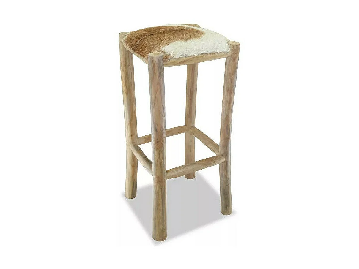 Tabouret cuir et pieds teck massif clair Oced