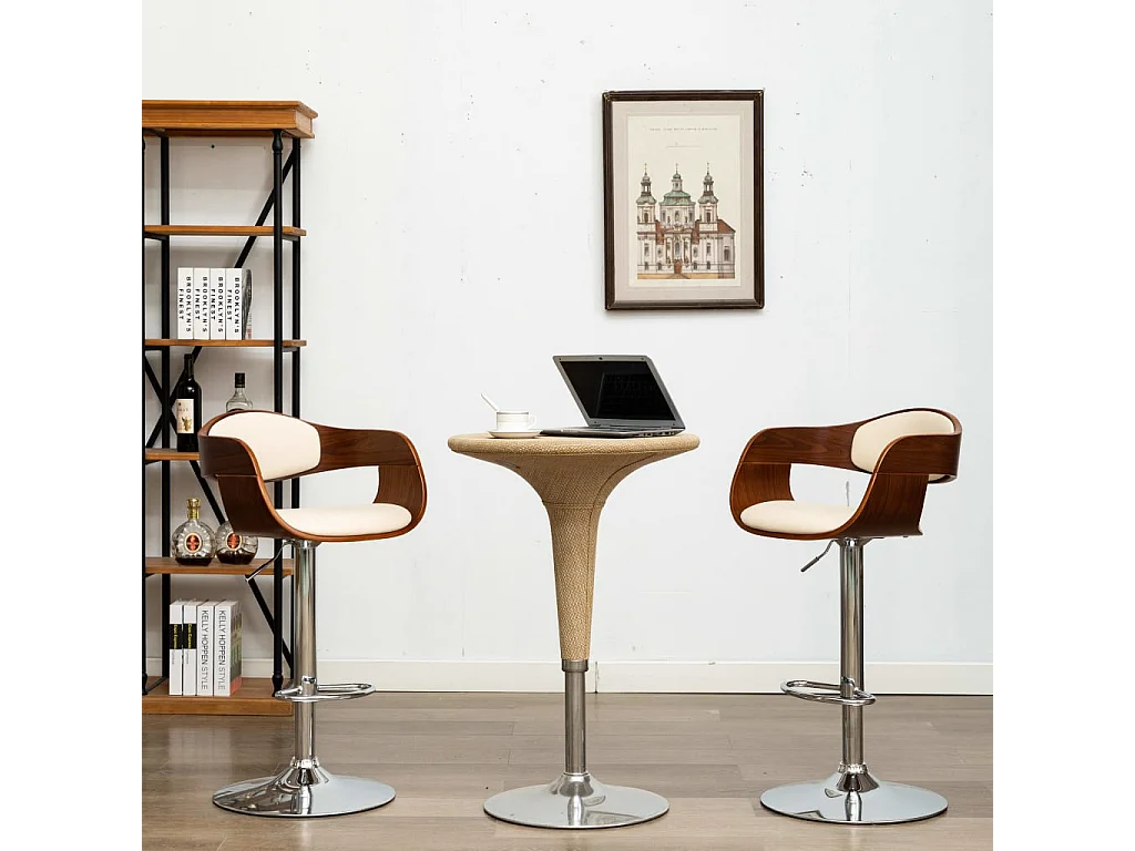 Chaises de bar 2 pcs Crème Bois courbé et similicuir 2
