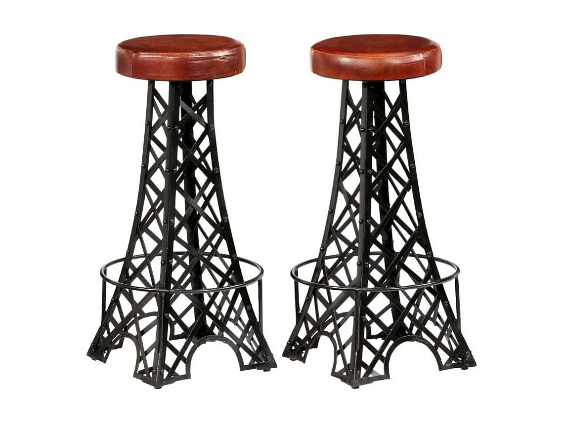 Tabouret de bar cuir marron et pieds métal noir Eishi - Lot de 2