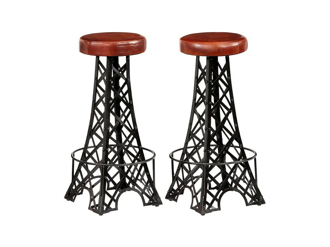 Tabouret de bar cuir marron et pieds métal noir Eishi - Lot de 2
