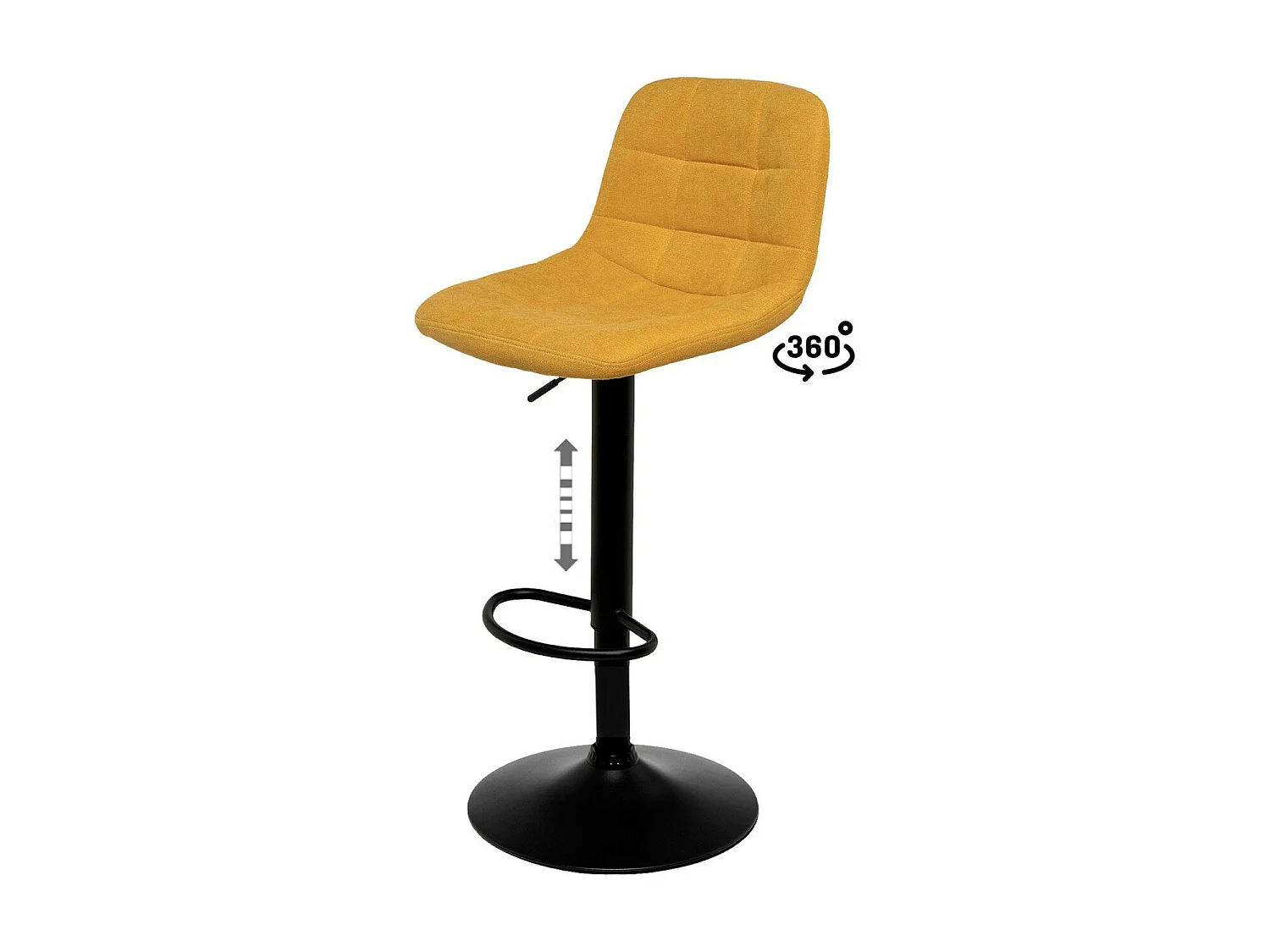 Tabouret relevable et rotatif avec assise tissu et structure métal noir Kasha-Couleur Jaune moutarde