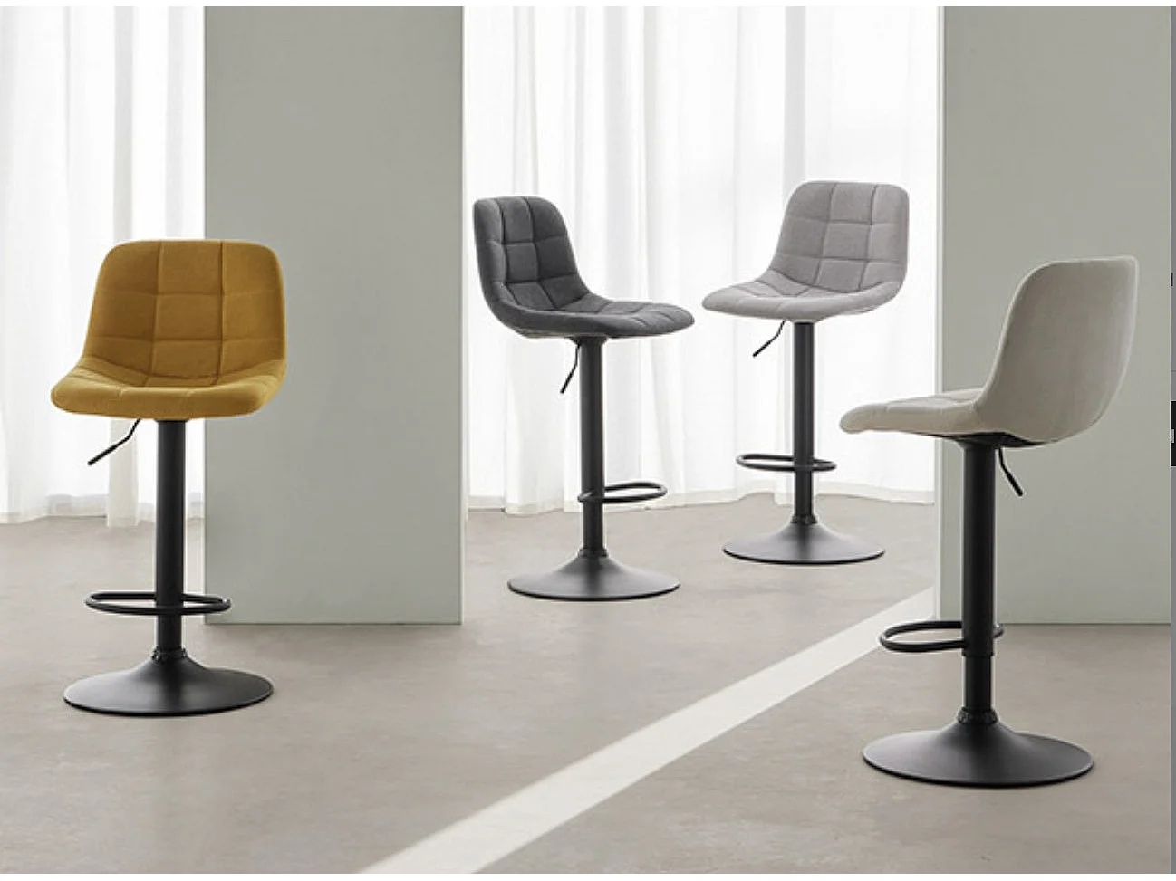 Tabouret relevable et rotatif avec assise tissu et structure métal noir Kasha-Couleur Jaune moutarde