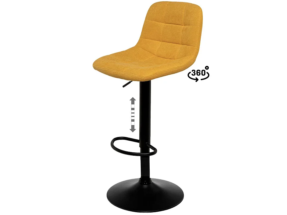 Tabouret relevable et rotatif avec assise tissu et structure métal noir Kasha-Couleur Jaune moutarde