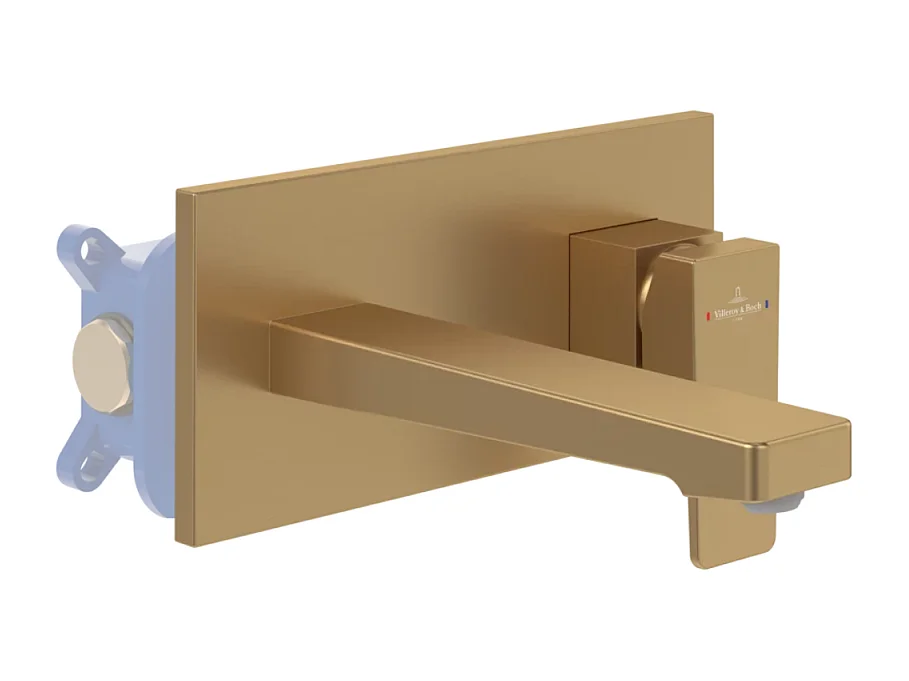 Mitigeur lavabo mural VILLEROY ET BOCH Architectura Square avec vidage Push Open Or brossé + corps encastré